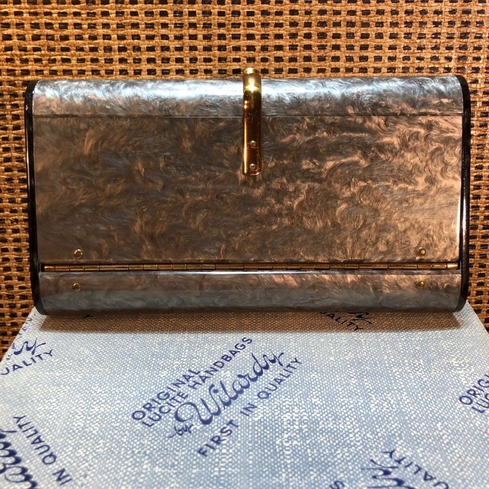1950s Wilardy Gray Lucite Snap Clutch With Box, Authentication & Promotion Cards View 4
